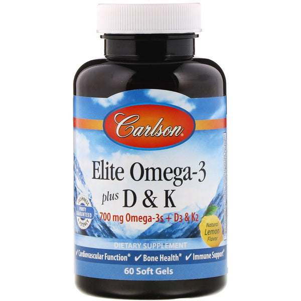 Carlson Elite Omega-3 Plus D & K, Lemon, 60 Softgels