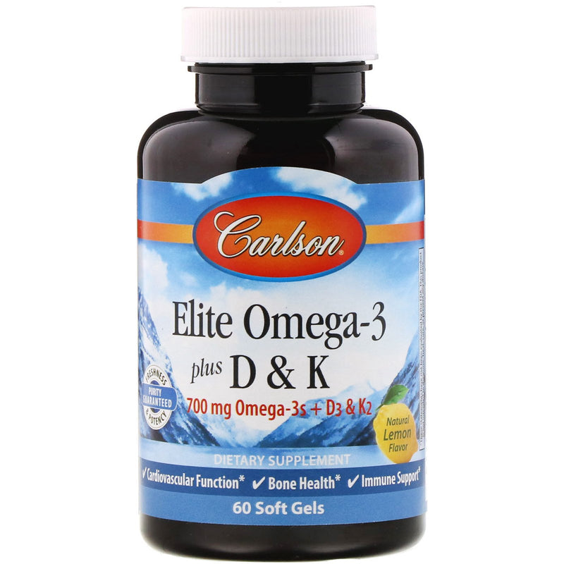 Carlson Elite Omega-3 Plus D & K, Lemon, 60 Softgels