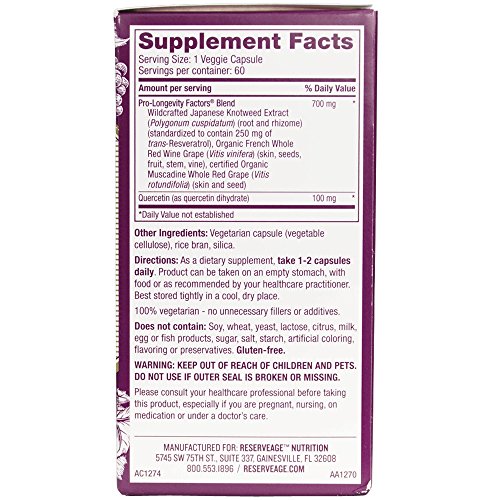 Reserveage Resveratrol 250 mg 60 Count