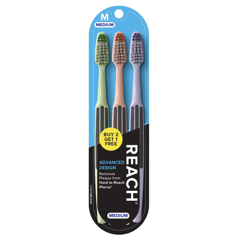 Reach Advanced Design Toothbrush, Medium, Adult, 3 Count