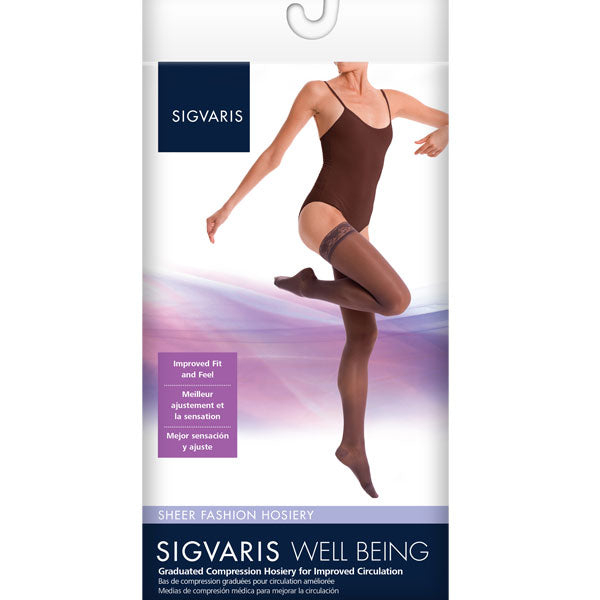 Sigvaris Sheer Fashion Thigh-High Compression Stockings, 15-20 mmHg, Black, Size B