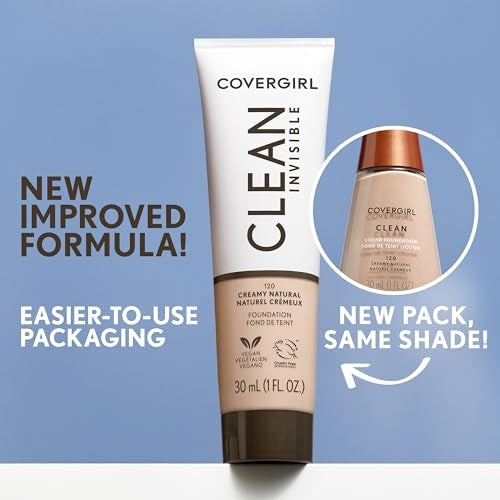Covergirl Clean Invisible, Foundation, Blendable Formula, Buildable Coverage, Lightweight, Natural Finish, Non-Comedogenic 30ml