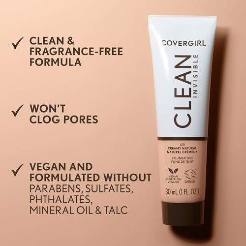 Covergirl Clean Invisible, Foundation, Blendable Formula, Buildable Coverage, Lightweight, Natural Finish, Non-Comedogenic 30ml