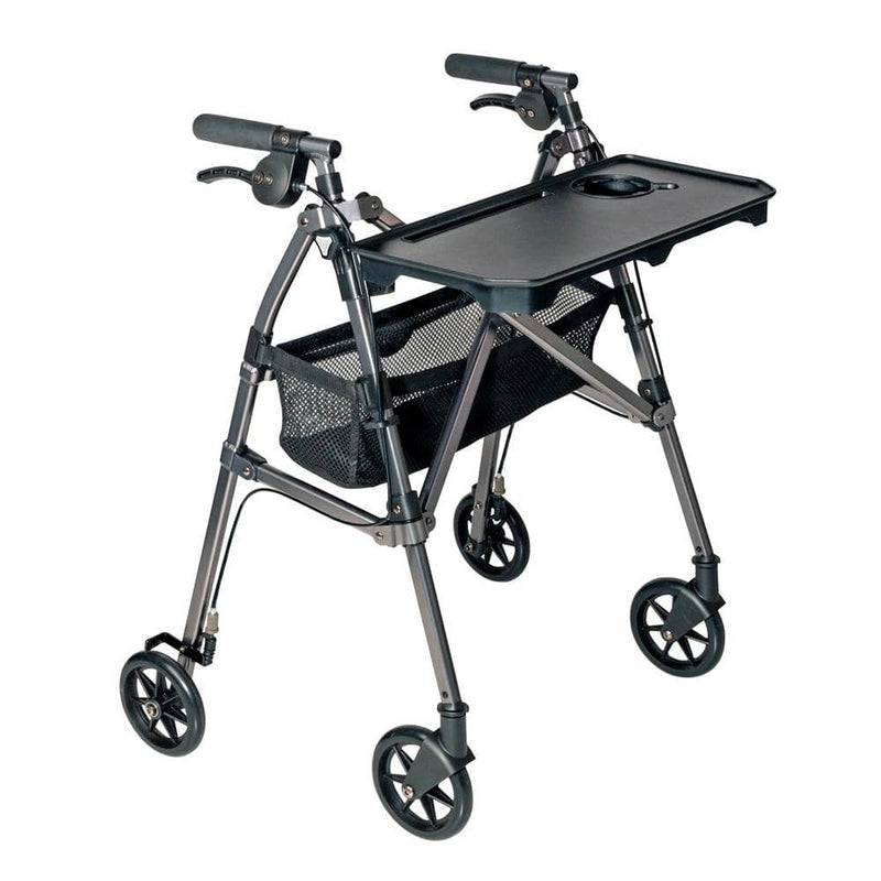 Wonder Indoor Rollator 4-Wheel Lightweight Folding Walker with Tray Black Walnut