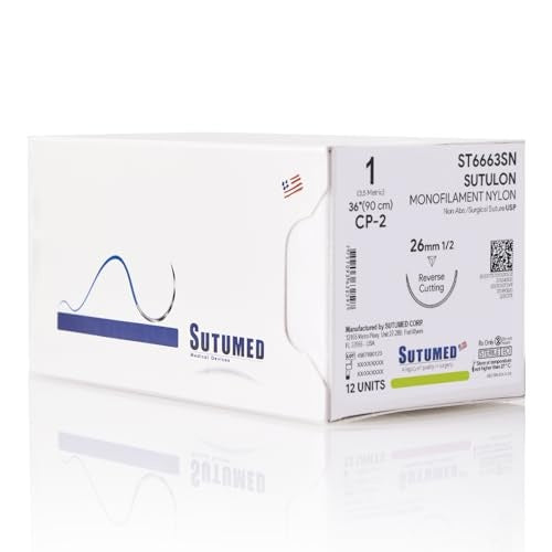 Sutumed Sutulon Non-Absorbable Nylon Surgical Suture, USP Size 1, 1/2 Circle 26 mm Reverse Cutting Needle, 30 In, 12 Ct