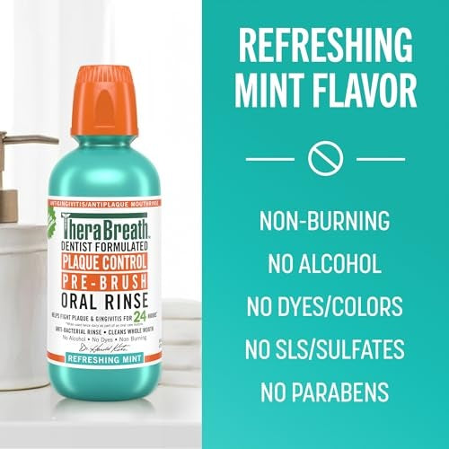 Therabreath Plaque Control Pre-Brush Oral Rinse, Refreshing Mint, 16 OZ