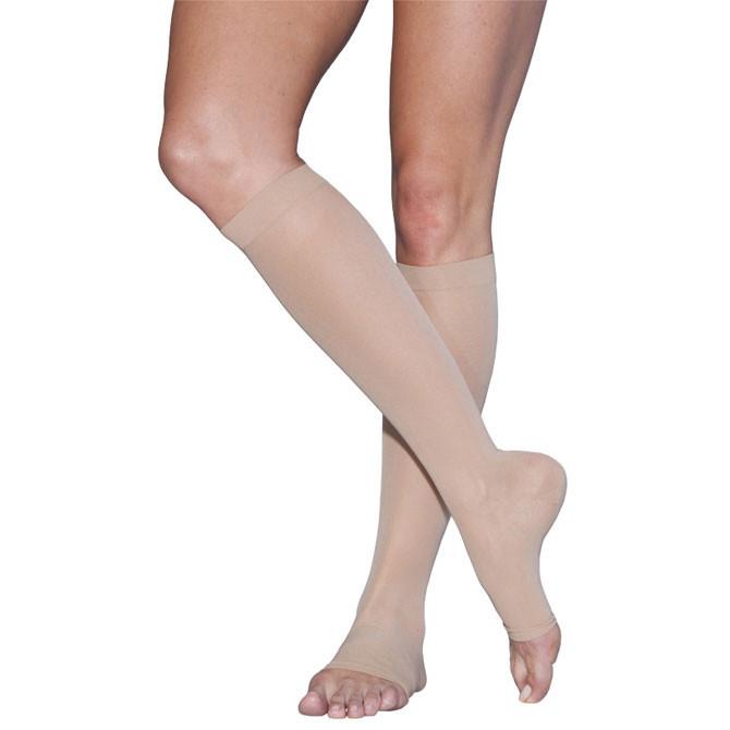 Sigvaris Style Sheer Women's Calf Compression Stockings, Open Toe, 15-20 mmHg, Warm Sand, Large Short