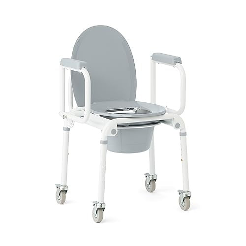 Medline Aluminum Drop-Arm Bathroom Chair Commode with 4 Locking Casters, 300 Lbs. Capacity, for Restroom, Elderly, Adults, Bariatric & Wheelchair Tran