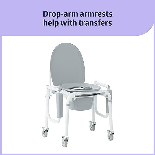 Medline Aluminum Drop-Arm Bathroom Chair Commode with 4 Locking Casters, 300 Lbs. Capacity, for Restroom, Elderly, Adults, Bariatric & Wheelchair Tran