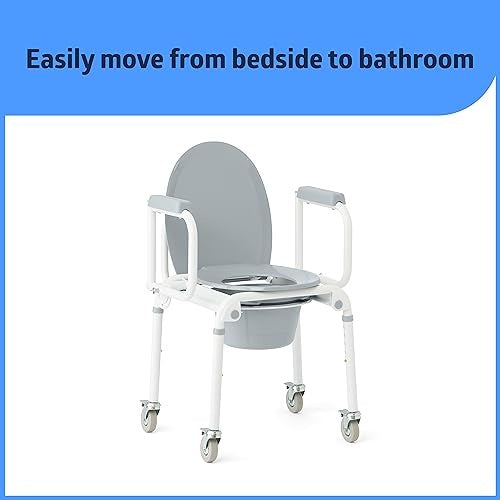 Medline Aluminum Drop-Arm Bathroom Chair Commode with 4 Locking Casters, 300 Lbs. Capacity, for Restroom, Elderly, Adults, Bariatric & Wheelchair Tran
