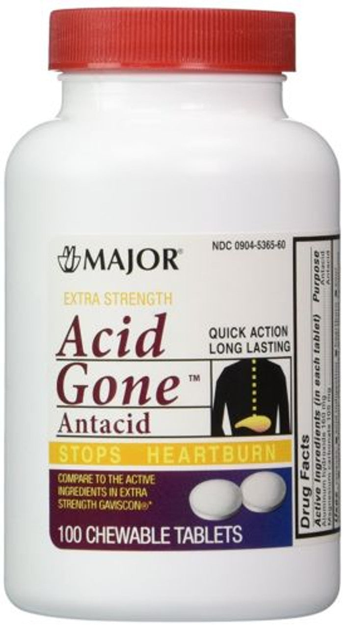 Major Acid Gone Antacid Stops Heartburn Chewable Tablets White 100 Count 160 Mg
