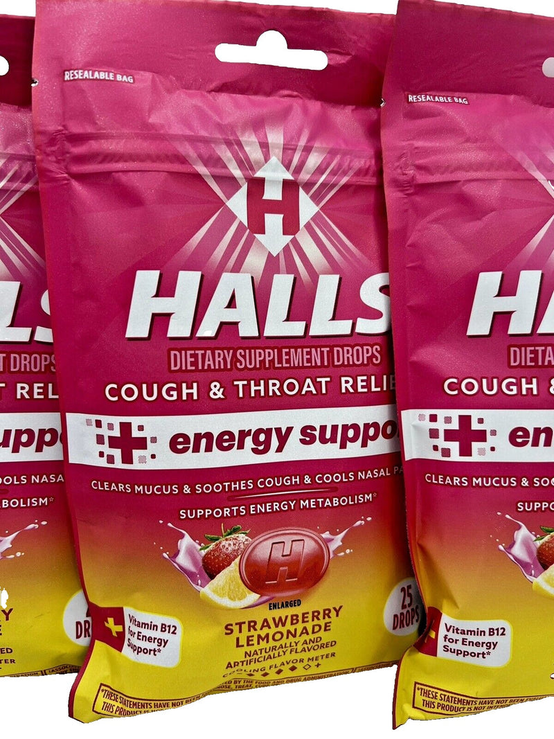 Halls Cough & Throat Relief + Energy Support, Strawberry Lemonade, 25 CT