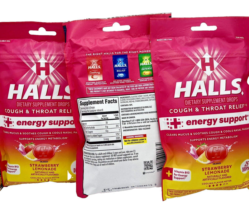 Halls Cough & Throat Relief + Energy Support, Strawberry Lemonade, 25 CT
