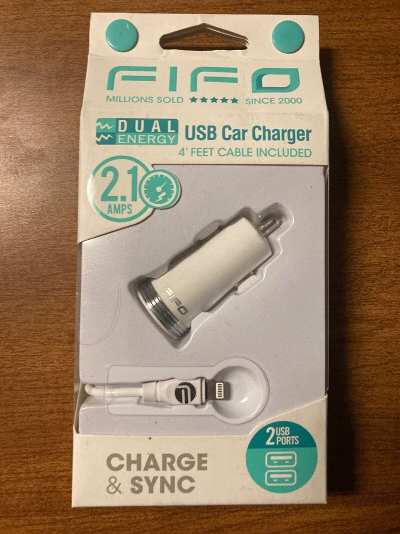 FIFO Dual Port USB Car Charger Adapter, 2.1 Amp, with 4 ft Charge & Sync Cable