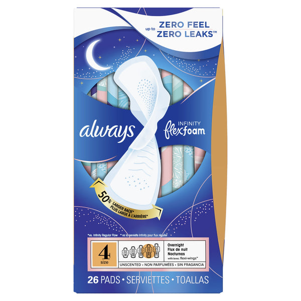 Always Infinity Feminine Pads with Wings, Size 4, Overnight, 26 CT