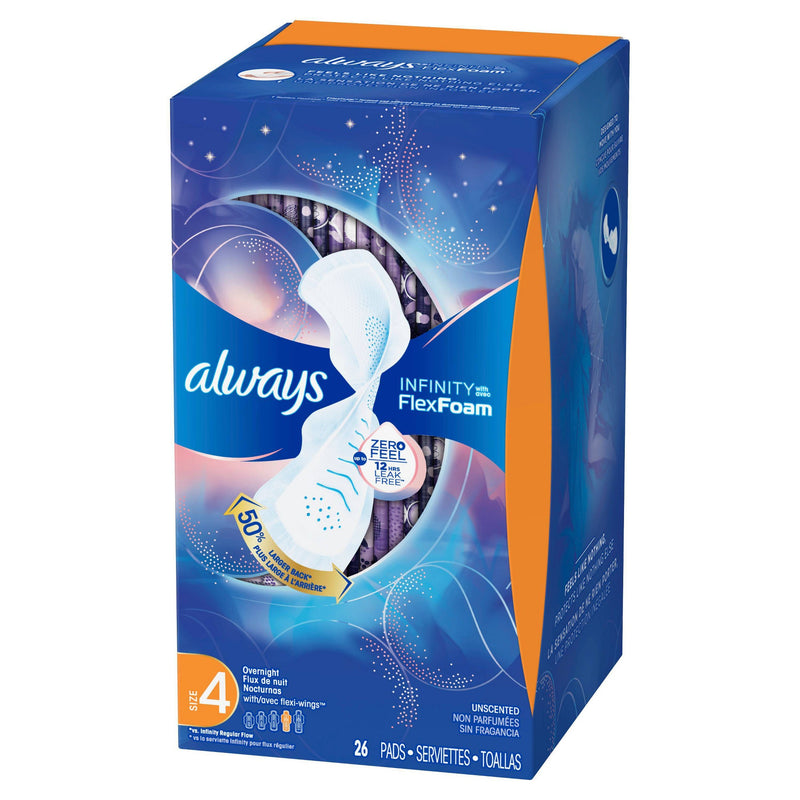 Always Infinity Feminine Pads with Wings, Size 4, Overnight, 26 CT