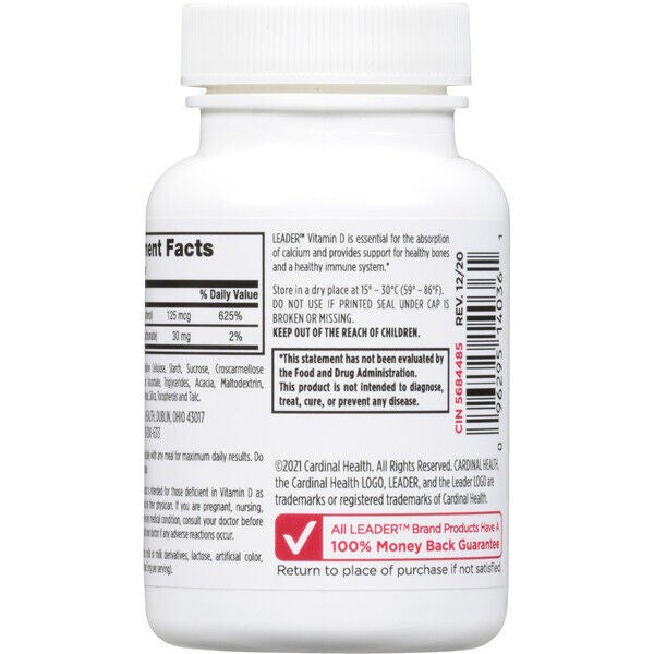 Leader Vitamin D3 125 Mcg Dietary Supplement, 100 Tablets 096295140361VL