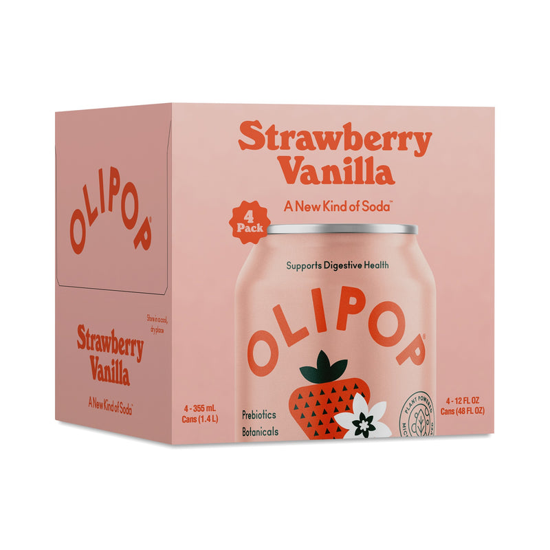 Olipop Strawberry Vanilla Prebiotic Soda, 12 Fl Oz, 4 Pack