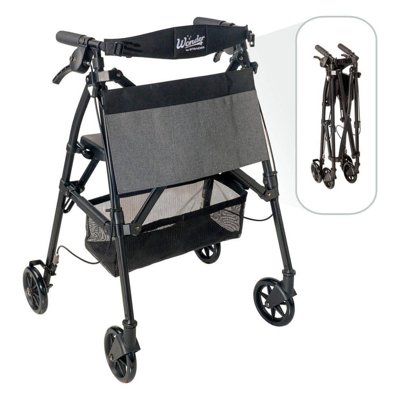 Wonder Rollator Plus, 4-Wheel Lightweight Folding Walker with Seat in Matte Black