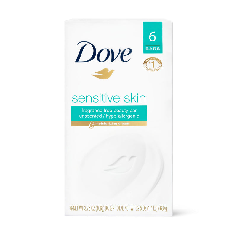 Dove Sensitive Skin Beauty Bar Soap, Fragrance Free, 3.75 oz, 6 Bars