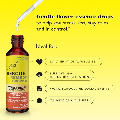 Bach, Rescue Remedy® Dropper, Stress Relief, Orange & Mango, 0.7 Fl Oz (20 Ml)