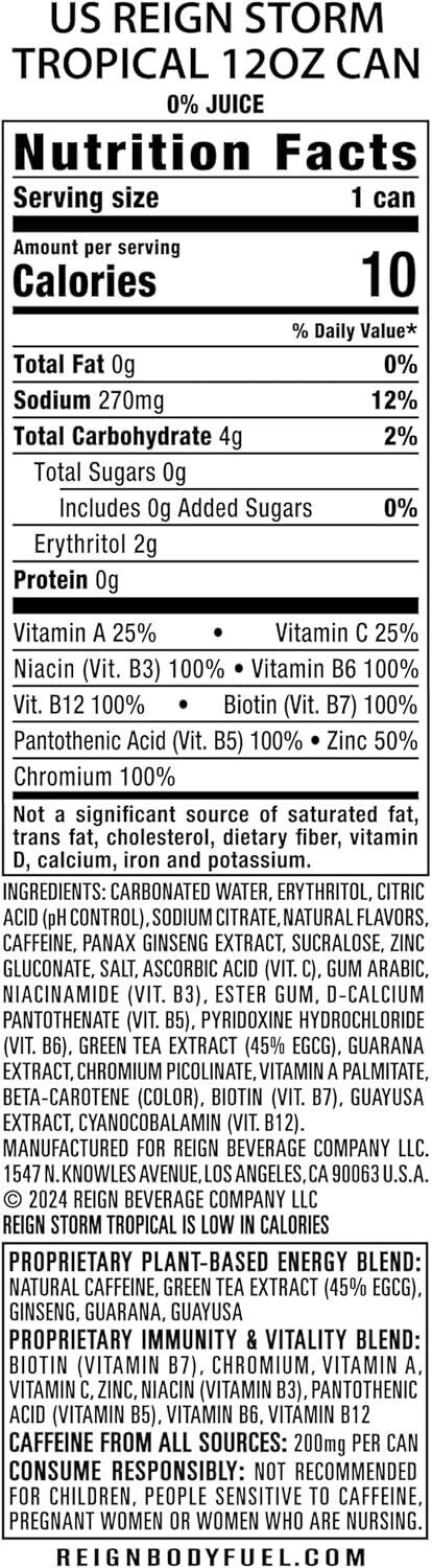 Reign Tropical Energy Drink, Zero Sugar, 12 fl oz
