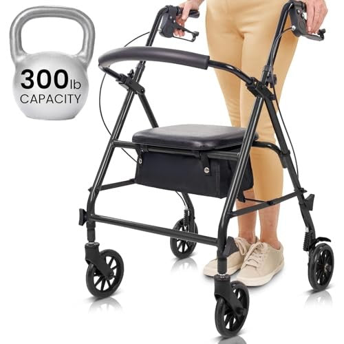 Vive Mobility Steel Rollator Narrow Walker with Seat Foldable