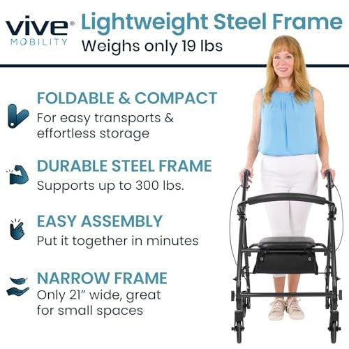 Vive Mobility Steel Rollator Narrow Walker with Seat Foldable