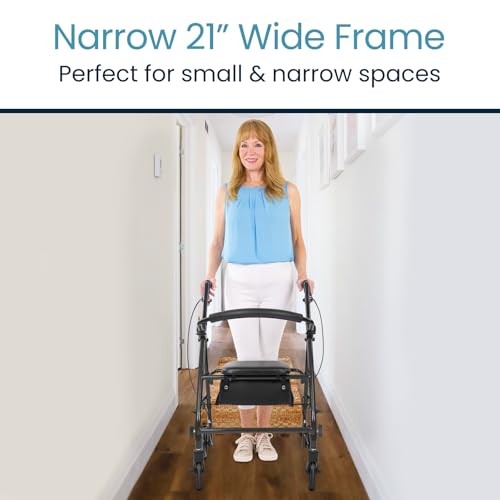 Vive Mobility Steel Rollator Narrow Walker with Seat Foldable
