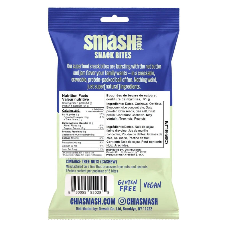 Chia Smash Protein Superfood Snack Bites Cashew Butter + Blueberry Jam, 5 Bites