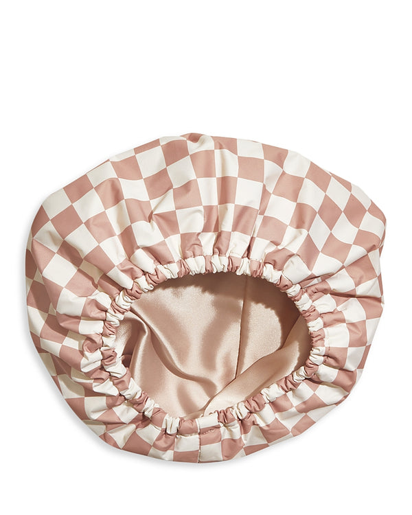 Satin Lined Flexi Shower Cap - Terracotta Checker
