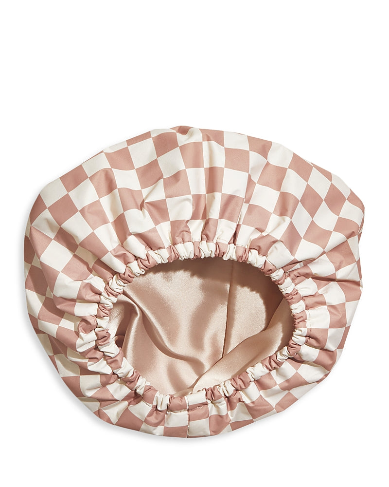 Satin Lined Flexi Shower Cap - Terracotta Checker