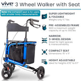 Vive 3 Wheel Walker Rollator Lightweight and Foldable with Seat, Brakes and Wheels