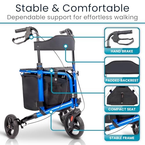 Vive 3 Wheel Walker Rollator Lightweight and Foldable with Seat, Brakes and Wheels