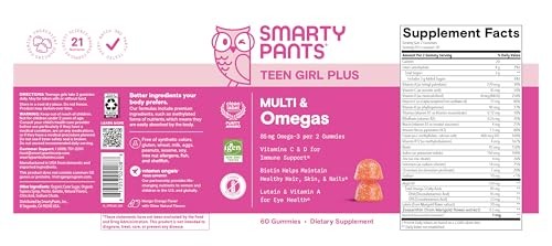 SmartyPants Teen Girl Plus Multivitamin & Omegas Gummies with Vitamin C, D3, B12 & Zinc Mango Orange 60ct