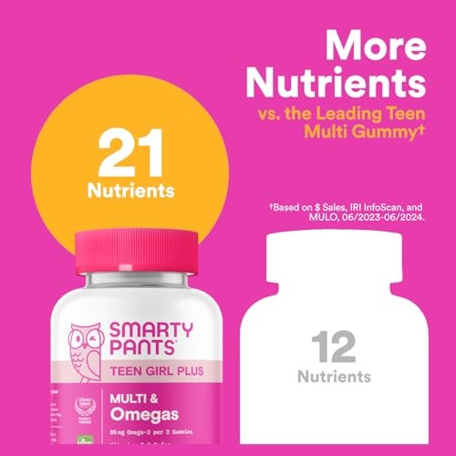 SmartyPants Teen Girl Plus Multivitamin & Omegas Gummies with Vitamin C, D3, B12 & Zinc Mango Orange 60ct