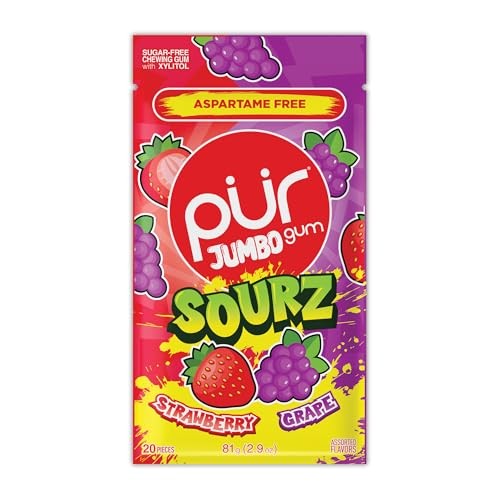 PUR Jumbo SOURZ Gum | Aspartame Free Chewing Gum | 100% Xylitol | Natural Flavor | Sour Strawberry, Sour Grape, 20 Pieces (Pack of 1)