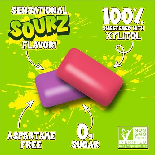 PUR Jumbo SOURZ Gum | Aspartame Free Chewing Gum | 100% Xylitol | Natural Flavor | Sour Strawberry, Sour Grape, 20 Pieces (Pack of 1)