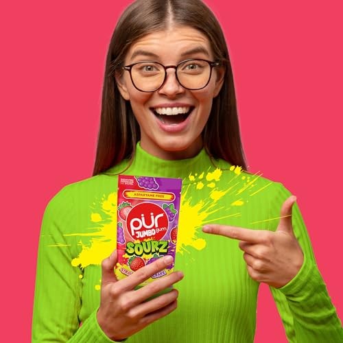 PUR Jumbo SOURZ Gum | Aspartame Free Chewing Gum | 100% Xylitol | Natural Flavor | Sour Strawberry, Sour Grape, 20 Pieces (Pack of 1)