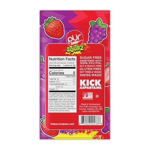 PUR Jumbo SOURZ Gum | Aspartame Free Chewing Gum | 100% Xylitol | Natural Flavor | Sour Strawberry, Sour Grape, 20 Pieces (Pack of 1)