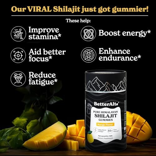 Betteralt Himalayan Pure Shilajit Gummies - 85+ Trace Minerals for Energy & Immunity Mango 60 Gummies