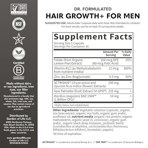 Garden of Life, Hair Growth+ for Men 30 Vegetarian Capsules