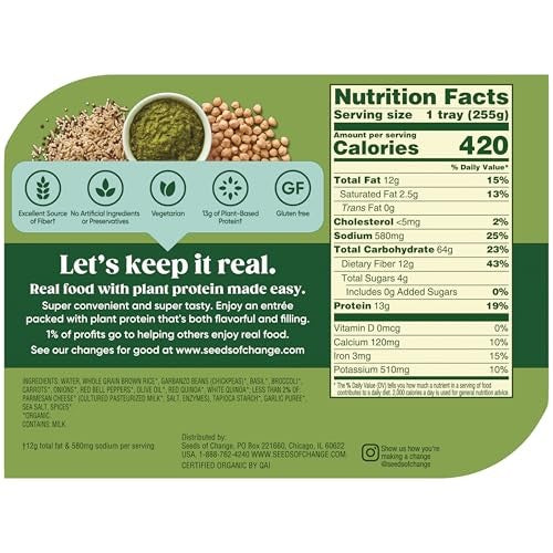 SEEDS of CHANGE Organic Protein Bowl Garden Pesto, Prepared Entrée, Microwave in 90 Seconds, 9 Oz