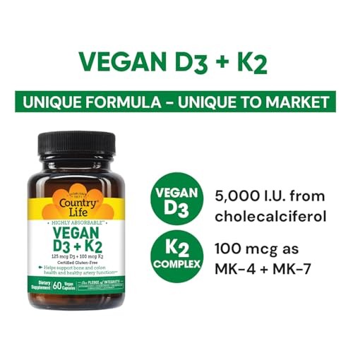 Country Life Vegan D3 & K2 – 5000 IU & 100 Mcg MK-4 & MK-7 60 Capsules