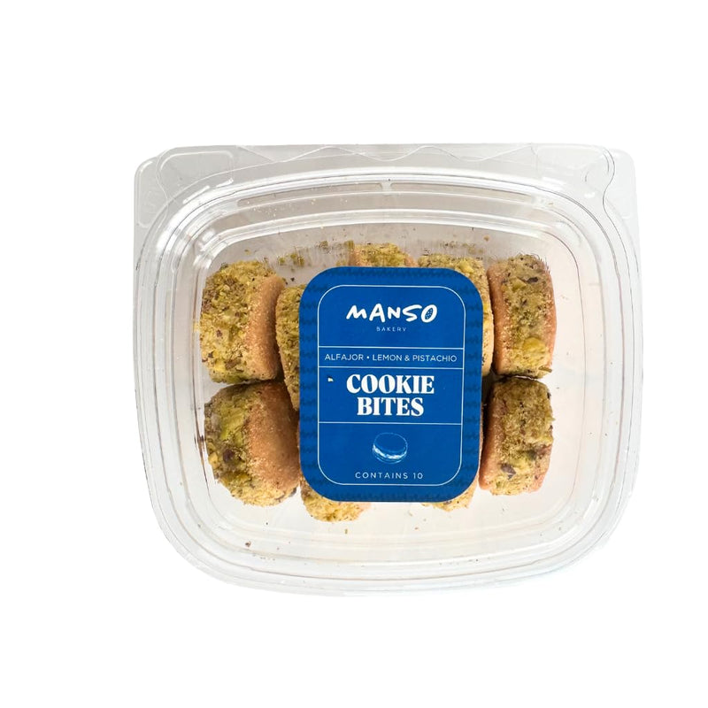 Manso Bakery Alfajor Sandwich Cookie Bite Filled With Lemon Creme And Pistachios Chipped, 10 Count Total