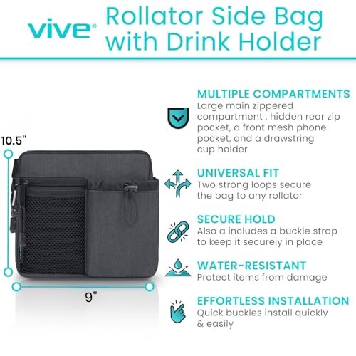 Vive Rollator Walker Side Bag with Drink Holder