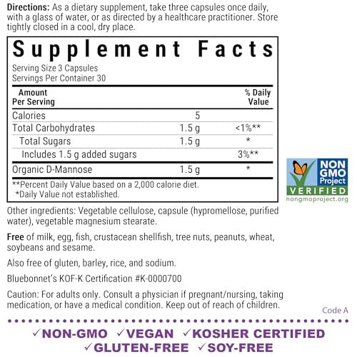 BlueBonnet Nutrition D-Mannose 500 Mg – Fast Acting Urinary Tract Support for Men & Women* - Non-GMO, Vegan, Kosher, Gluten-Free - 90 Vegetable Caps