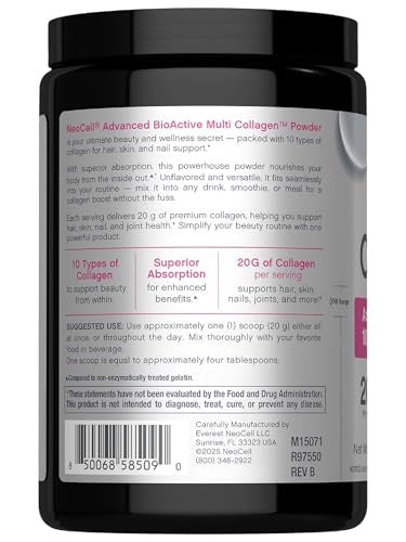 NeoCell Neo Cell Super Multi Collagen Peptides Powder 9 Oz 10 Types of Collagen Skin, Hair and Nails Beauty Supplement Unflavored Powder for Women