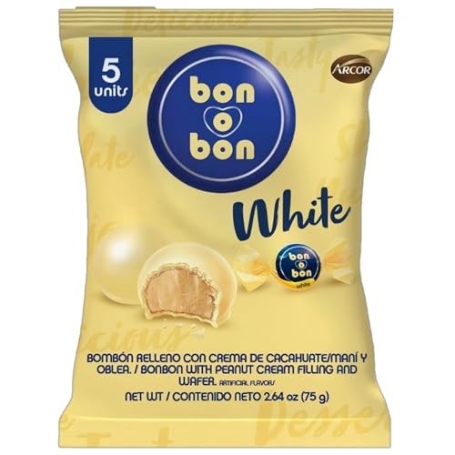 Arcor Bon O Bon - White Chocolate Bon Bons - Fun Size Candy Snack Pouch - Authentic Argentinian Favorite Bombones De Chocolate Blanco, Perfect for Lun