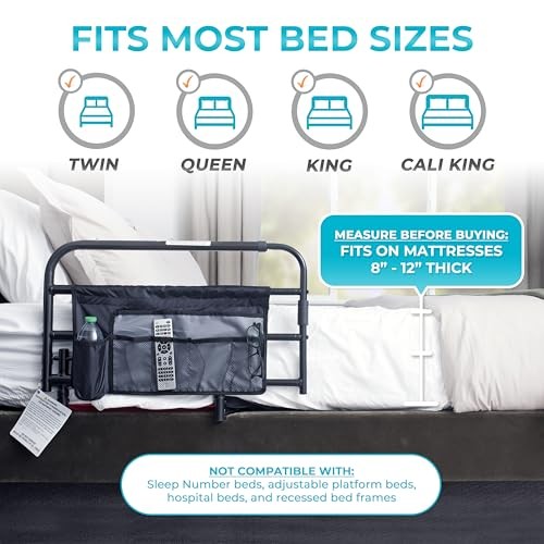 Stander Wonder Pivot Bed Rail, Adjustable Safety Assist Railing with Swing Down Guardrail for Elderly Adults, Fits Mattresses 8 to 12 Inches Thick, AS